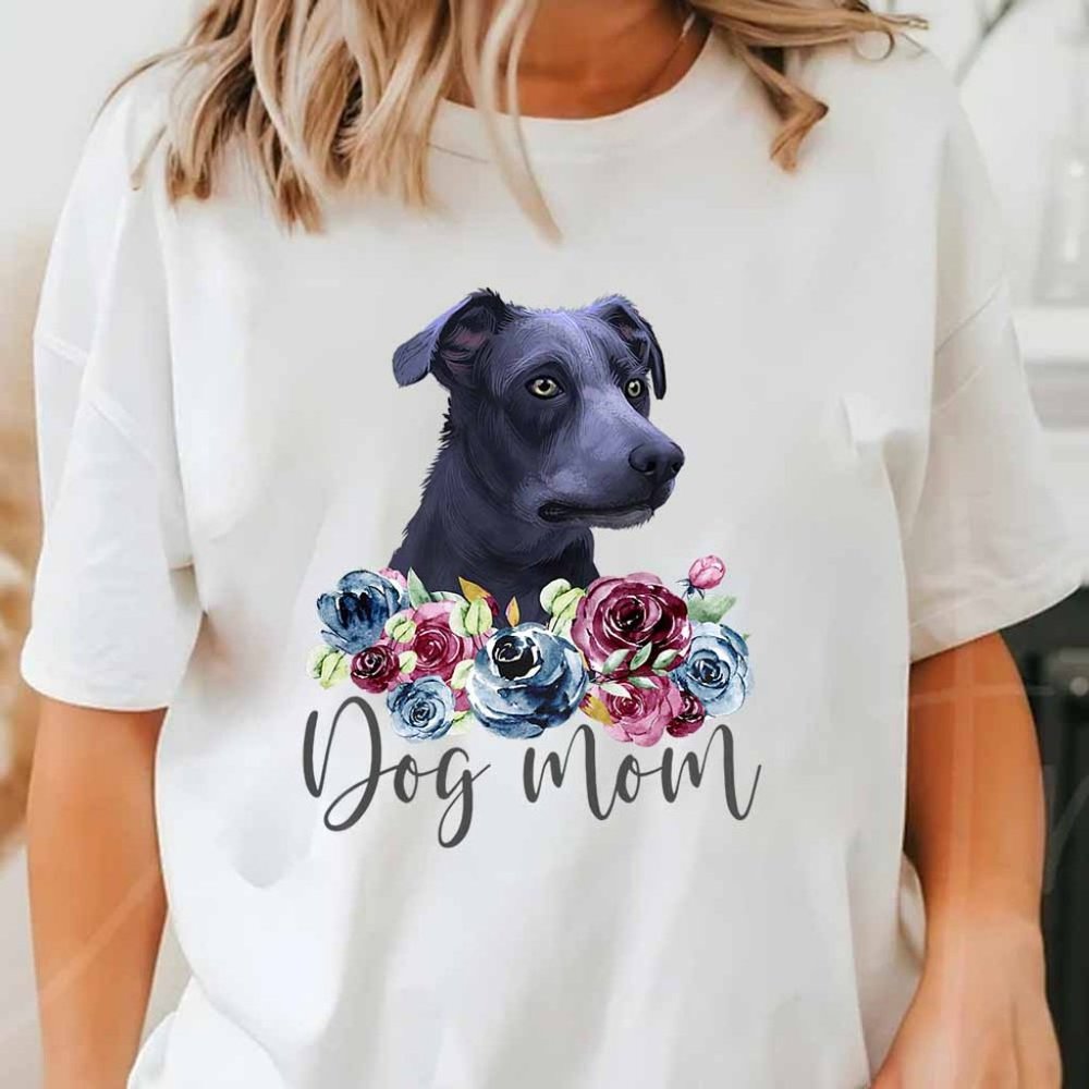 Womens Blue Lacy Dog Mom Floral T-Shirt, Mother's Day Gift For Dog Lovers